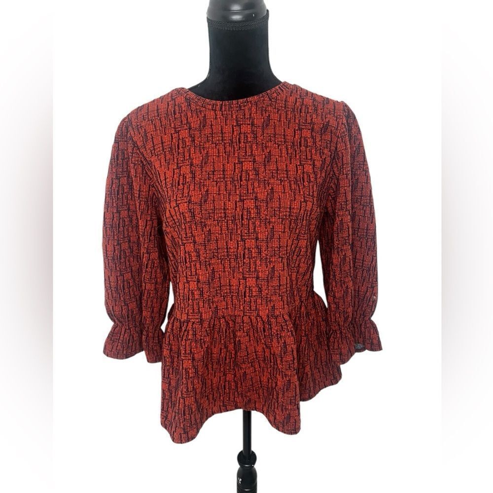 ANTHROPOLOGIE‎ RO + DE ORANGE/RED PEPLUM BLOUSE WOMENS SIZE LARGE